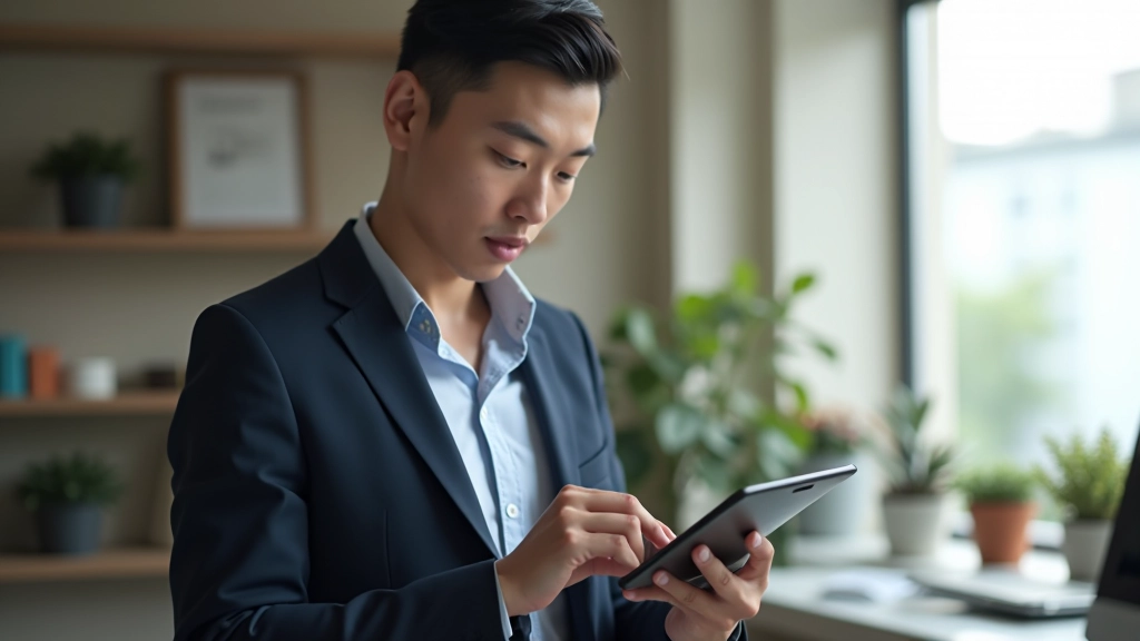 デザイナーがタブレットを持ちながら異なるデバイスサイズの画面を比較している様子